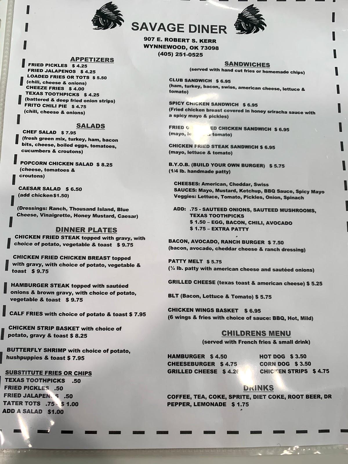 Menu at Savage diner restaurant, Wynnewood