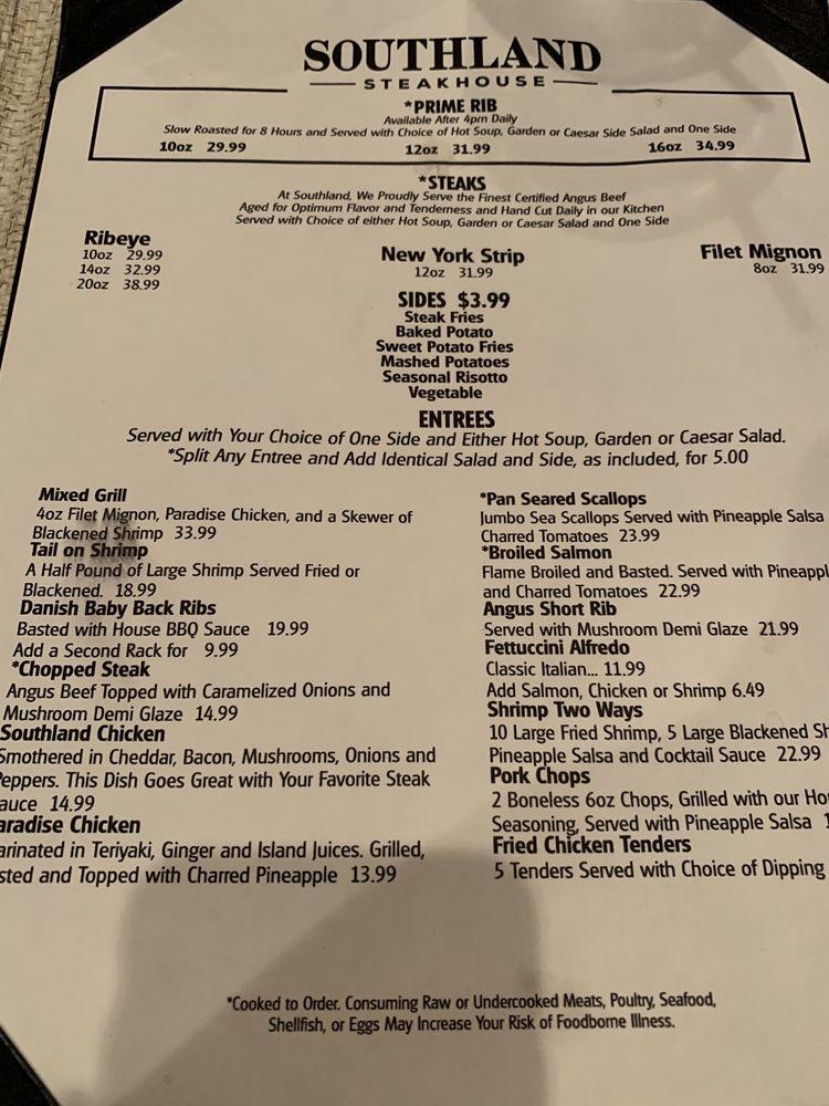 Menu at Southland Steakhouse, Zebulon