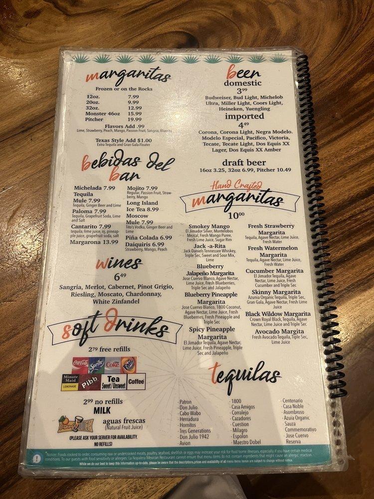 Menu at La Nopalera Mexican Restaurant, Jacksonville, 725 Skymarks Dr #1