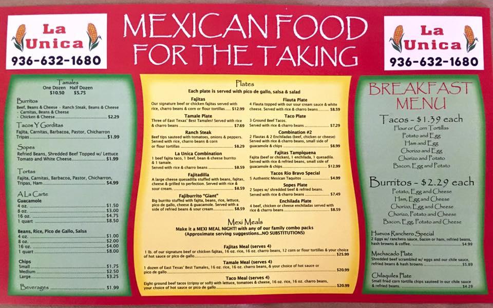 Menu at La Unica Tortilleria restaurant, Lufkin