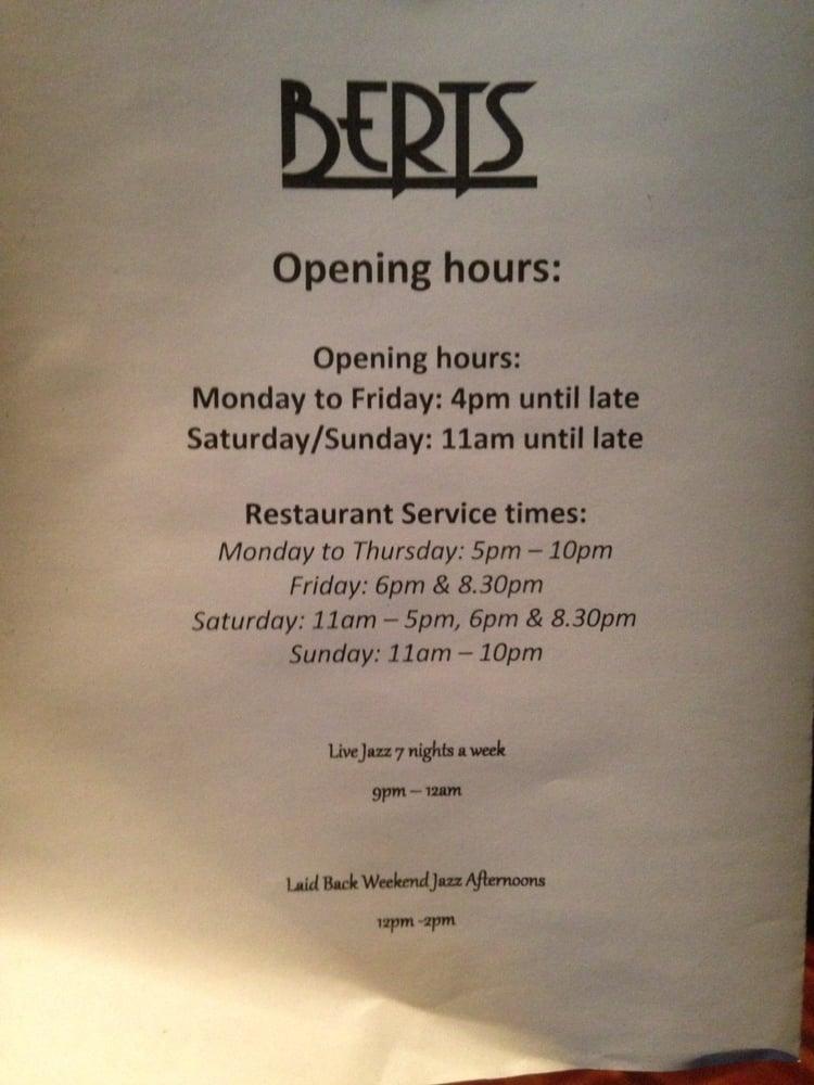 Menu at Bert's Jazz Bar, Belfast