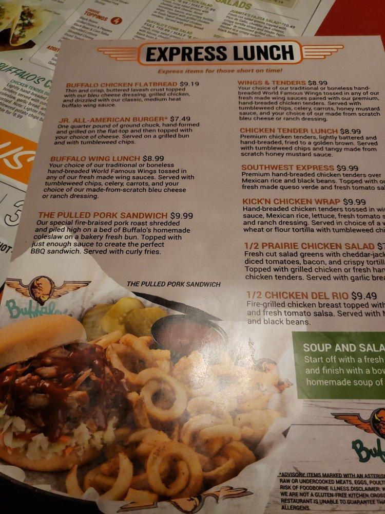 Menu at Buffalo's fast food, Canton
