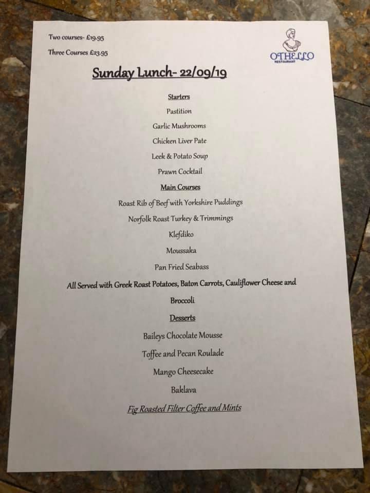 Menu at Othello restaurant, Grimsby