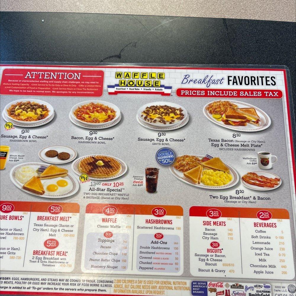 Menu at Waffle House restaurant, Virginia Beach, Wesleyan Dr