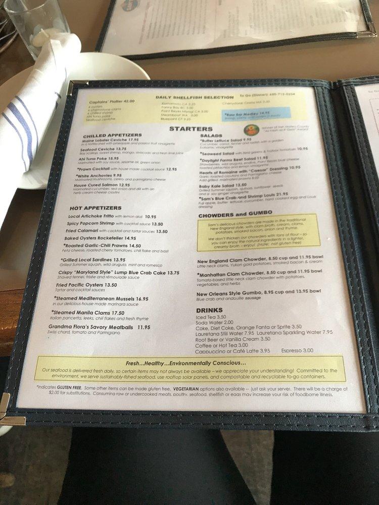 Menu at Sam's Chowder House restaurant, Half Moon Bay