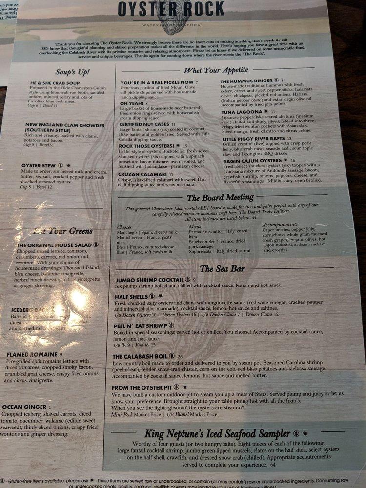 Menu at The Oyster Rock Waterfront Seafood restaurant, Calabash