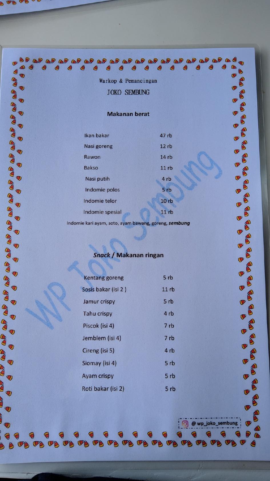 Menu at Cafe Aroma, Siraman