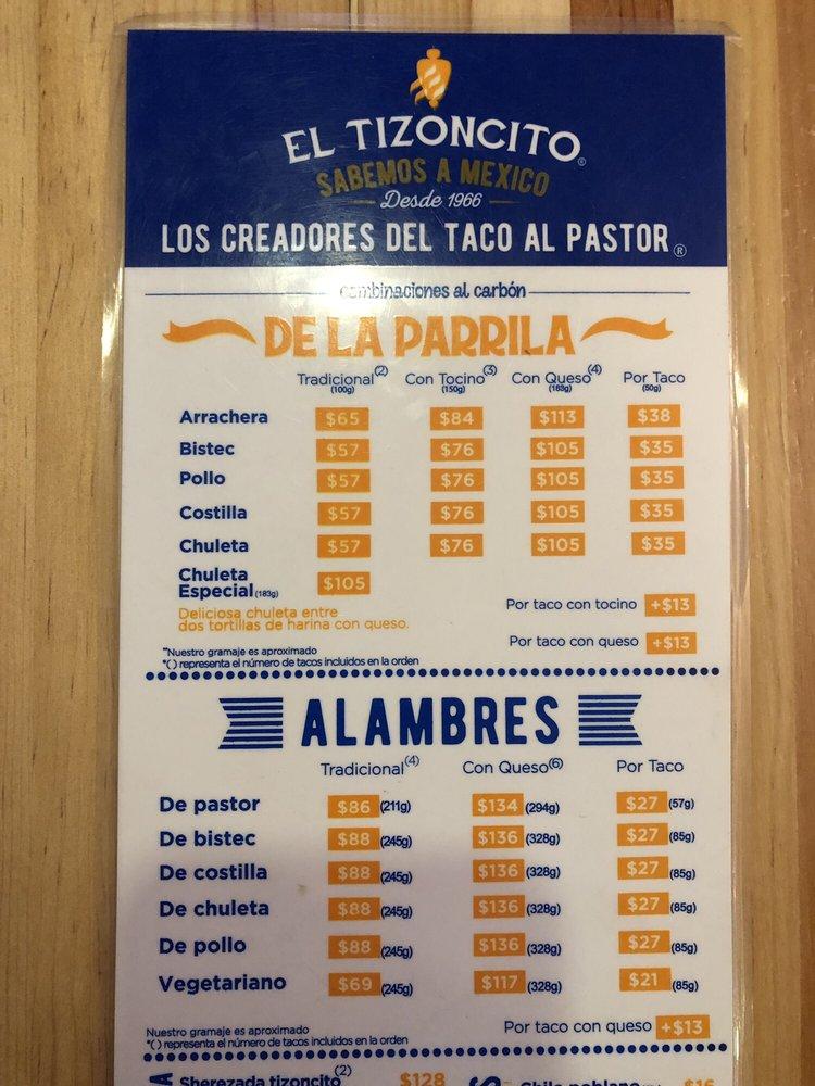 Menu at El Tizoncito restaurant, Ciudad López Mateos, Hamburgo 70 - A