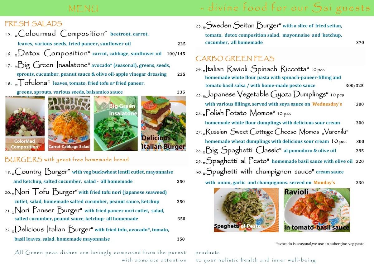 Menu at "Green Peas" Ayurvedic RestoCafe, Puttaparthi