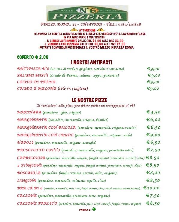 Speisekarte von Pizzeria N°6, Chiavari