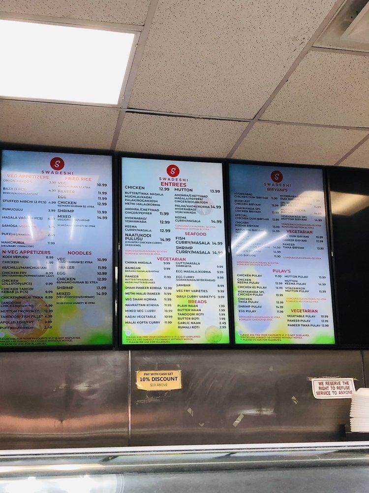Menu at Swadeshi Plaza restaurant, Irving