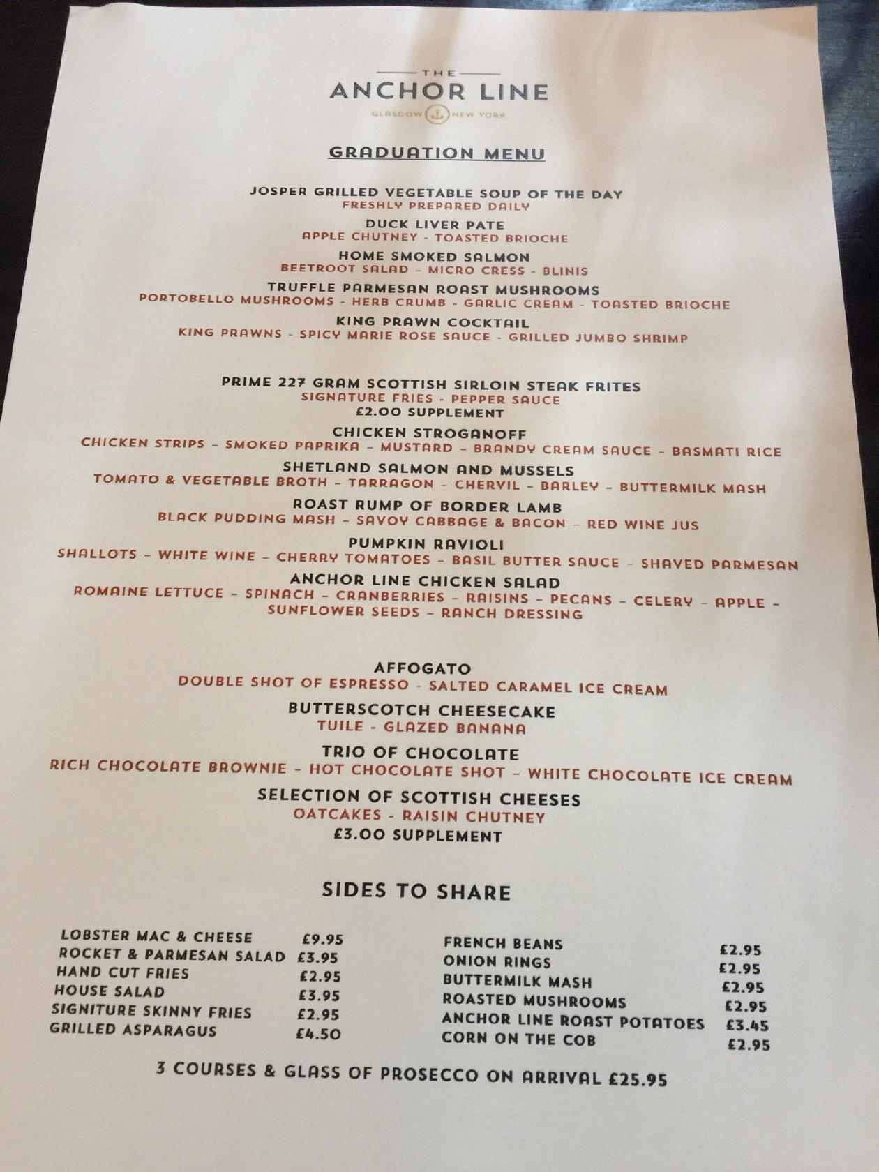 Menu at The Anchor Line steakhouse, Glasgow