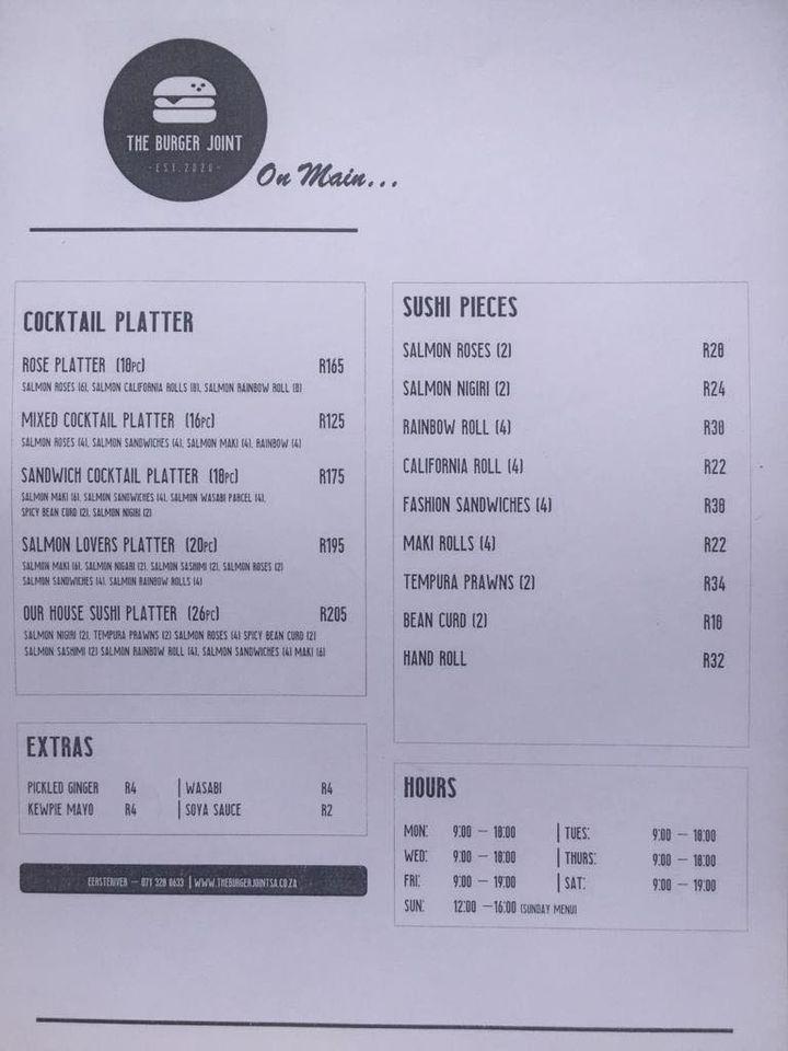 Menu at The Burger Joint restaurant, Cape Town