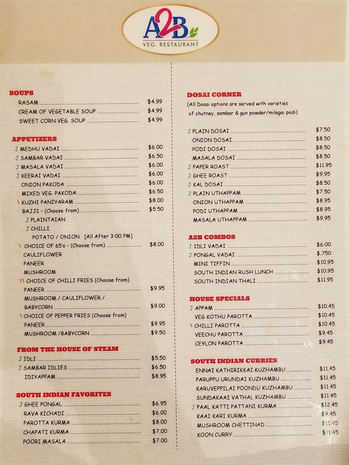 Menu At A2B Indian Veg Restaurant - South Plainfield, South Plainfield