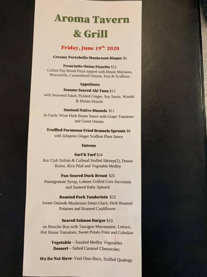 Menu at Aroma Tavern and Grill pub & bar, Plymouth
