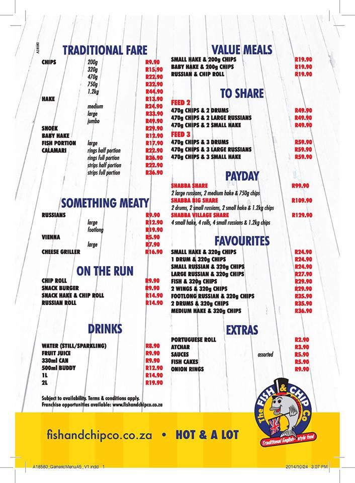 Menu au The Fish and Chip Co' restaurant, Grahamstown