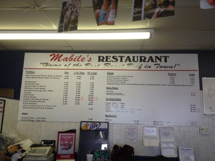 Menu at Mabile's Restaurant, LaPlace