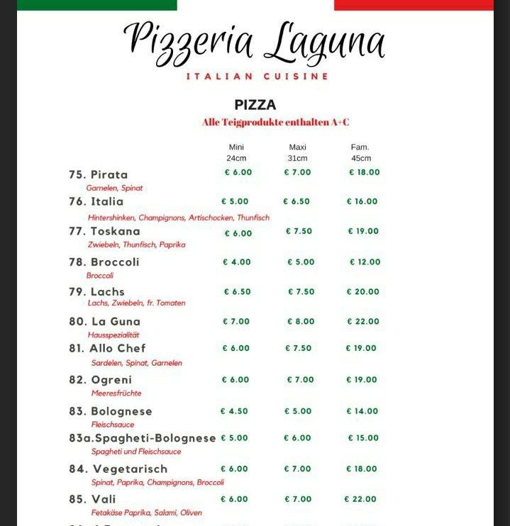 Speisekarte von Pizzeria Laguna, Tönisvorst