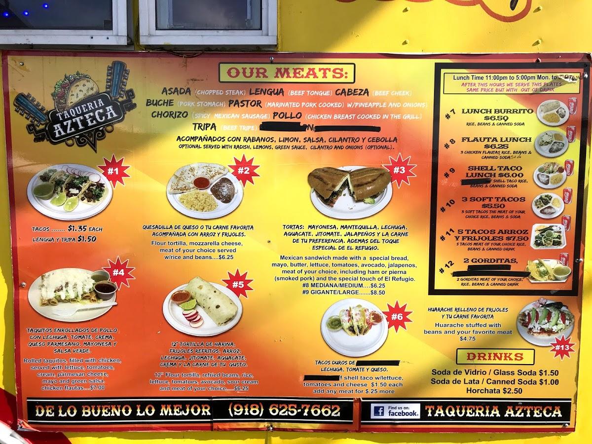 Menu at Taqueria Azteca restaurant, Tulsa, S Sheridan Rd