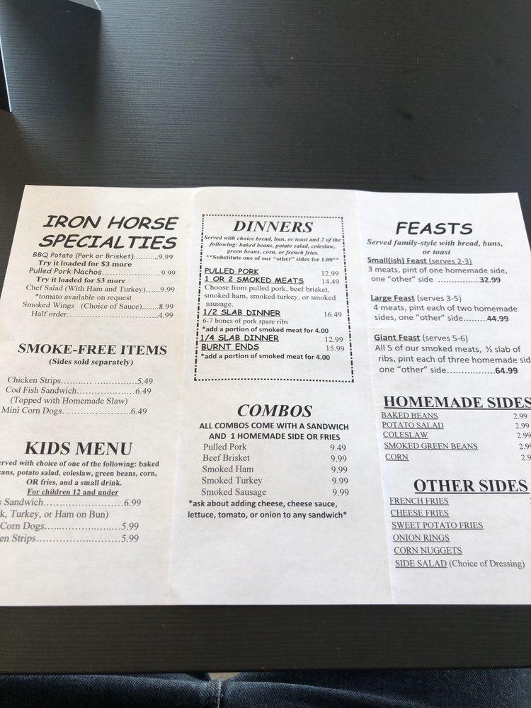 Menu at Iron Horse BBQ, Platte City