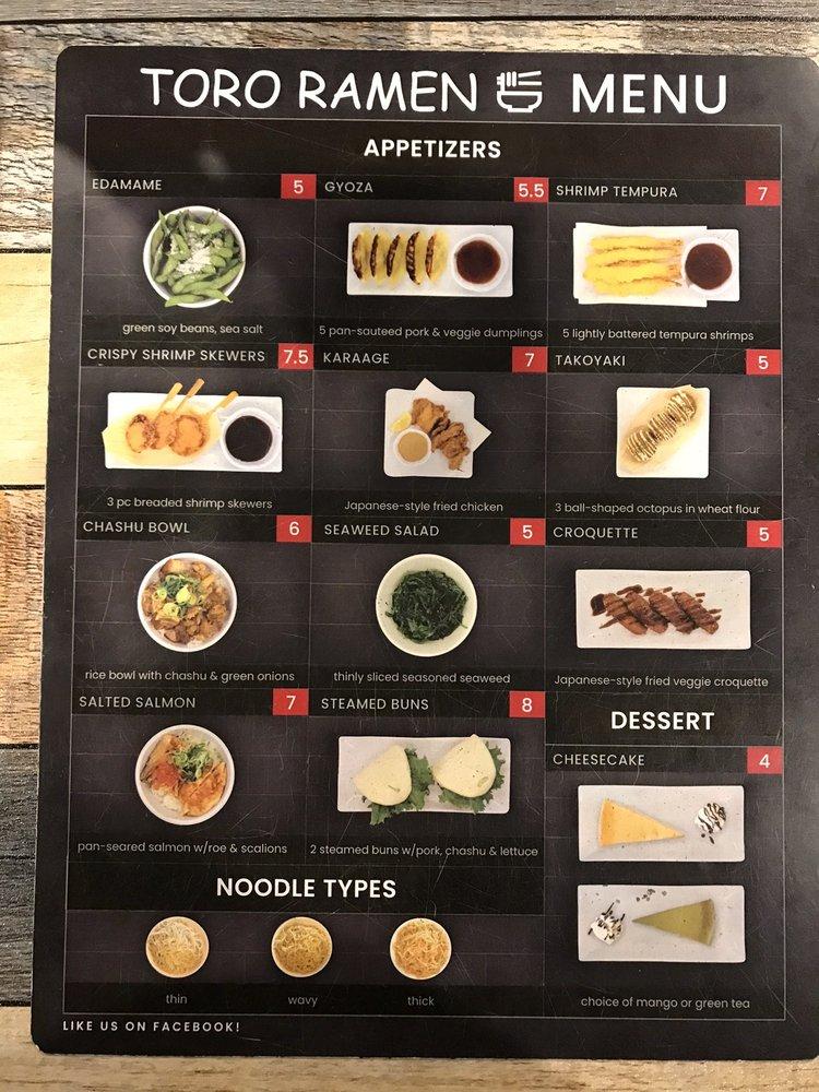 Menu at Toro Ramen restaurant, Midvale