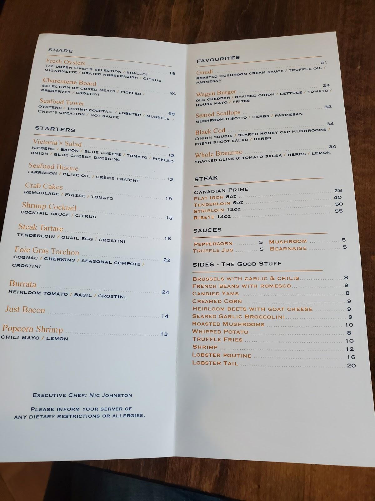Menu at Victoria's Steak & Seafood pub & bar, Hamilton