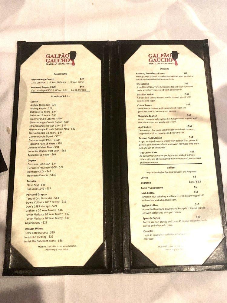 Menu at Galpão Gaucho Brazilian Steakhouse, Napa