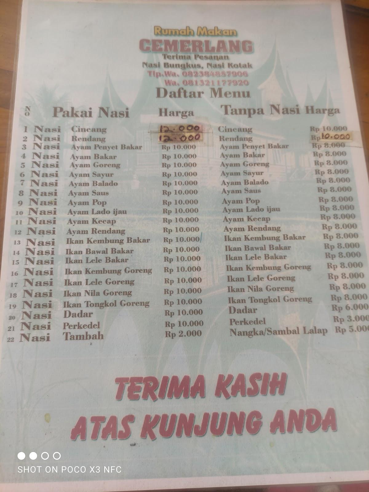 Menu at Rumah Makan Cemerlang restaurant, Wana Kerta