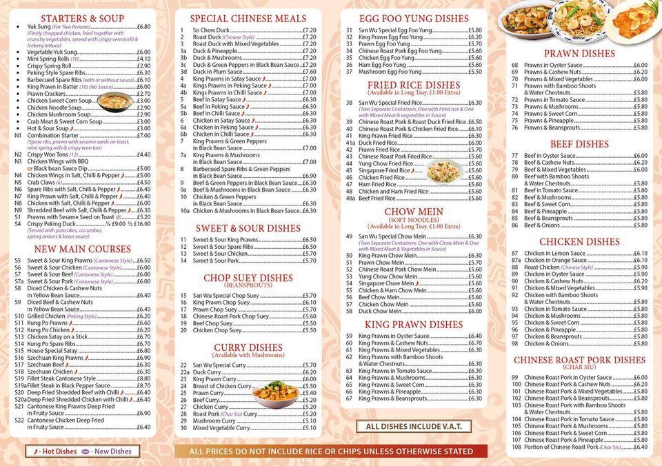 Menu at San Wu House fast food, Stourbridge