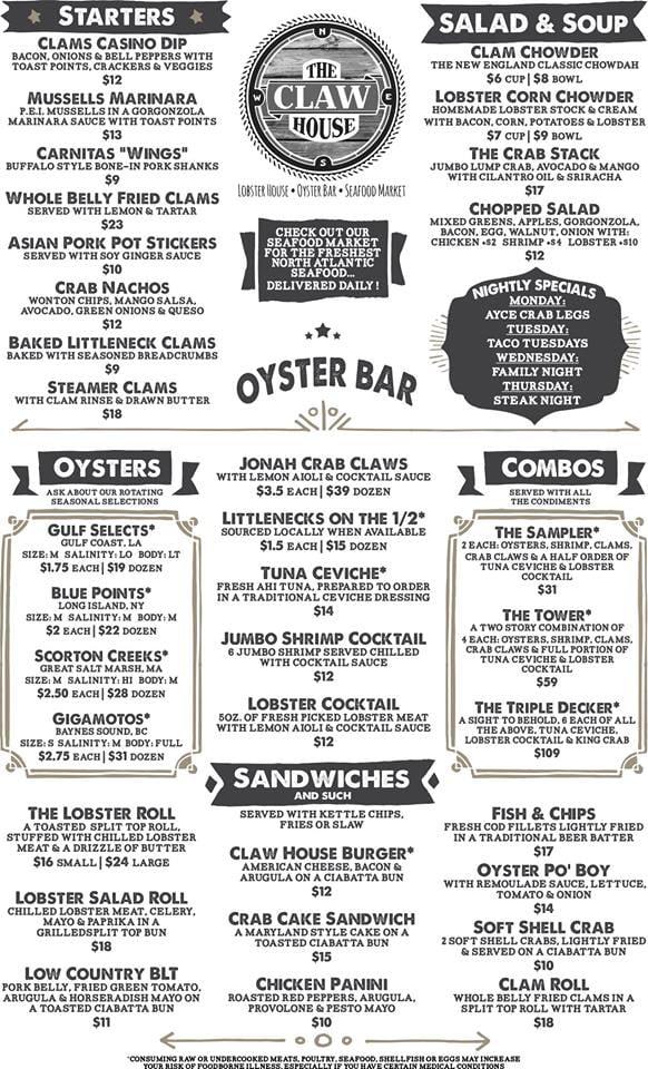 Menu at The Claw House restaurant, Murrells Inlet