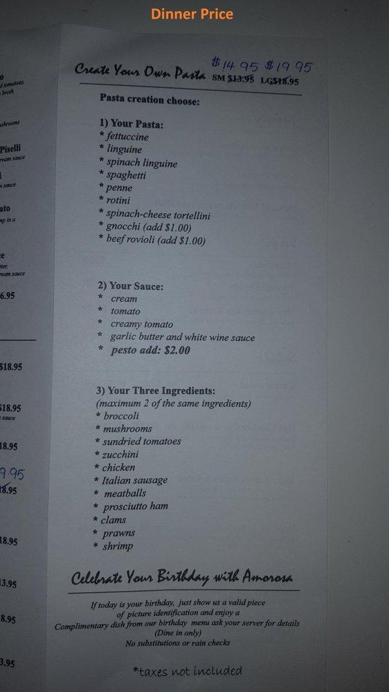 Menu at Amorosa Pasta House restaurant, Burnaby