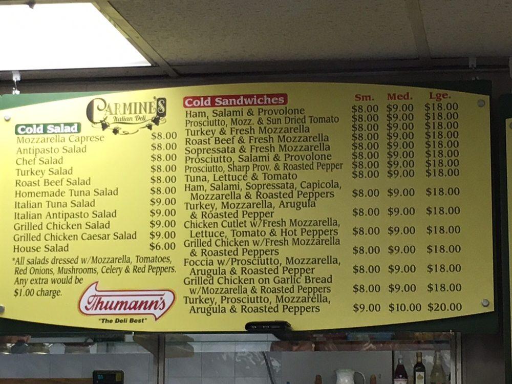 Menu at Carmine's Italian Deli restaurant, Jersey City
