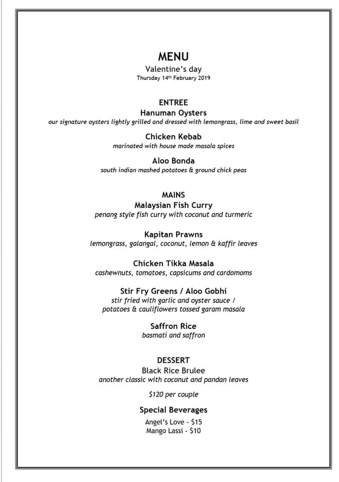 Menu at Hanuman Restaurant Darwin, Darwin City