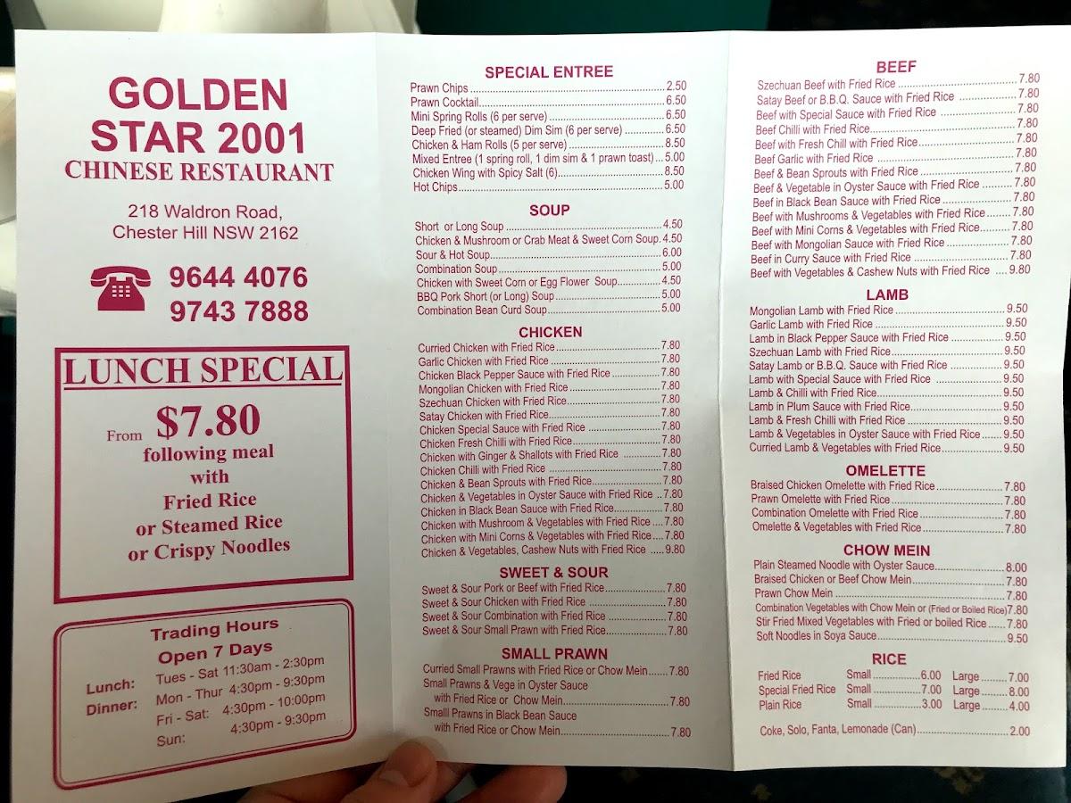 Menu at Golden Star 2001 Chinese Restaurant, Chester Hill