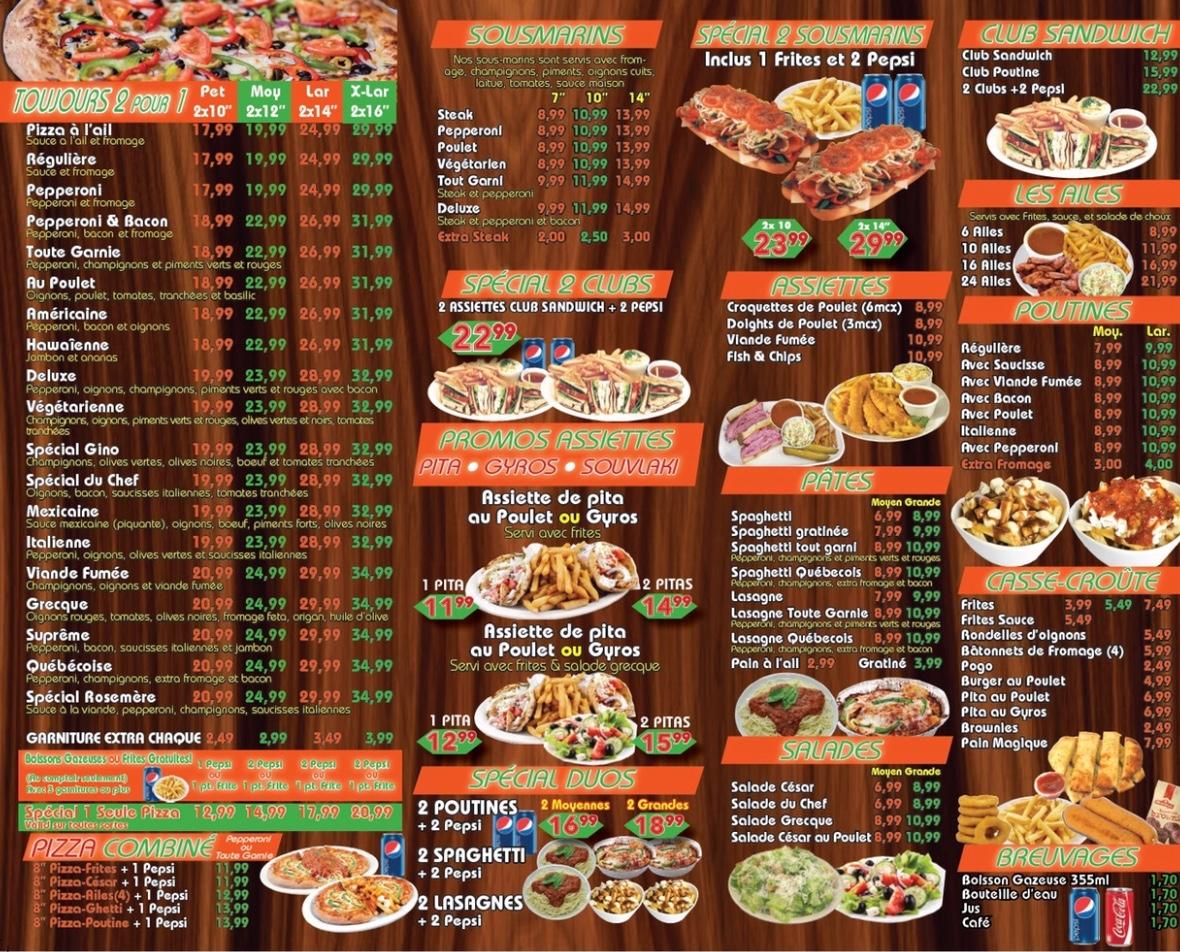 Menu au Pizza Gino Rosemere 2 Pour 1 restaurant, Rosemère