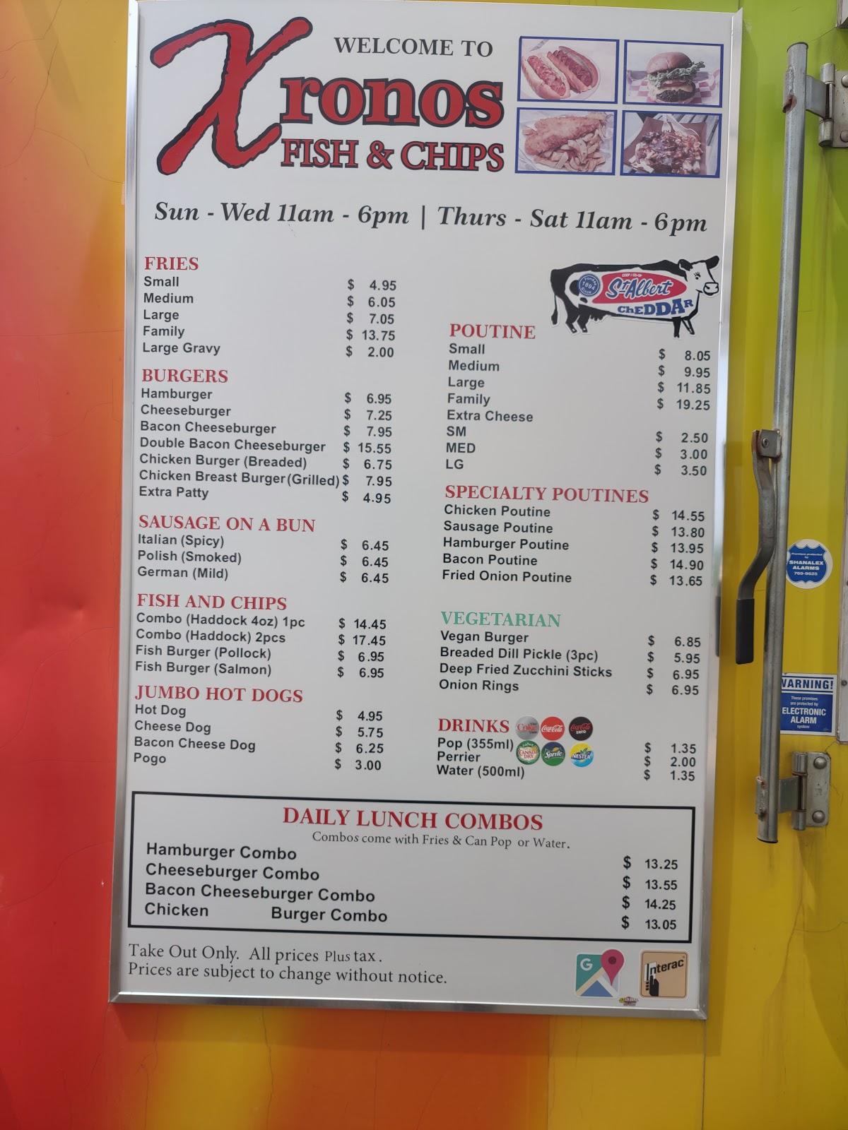 Menu at Xronos Fish & Chips restaurant, Ottawa