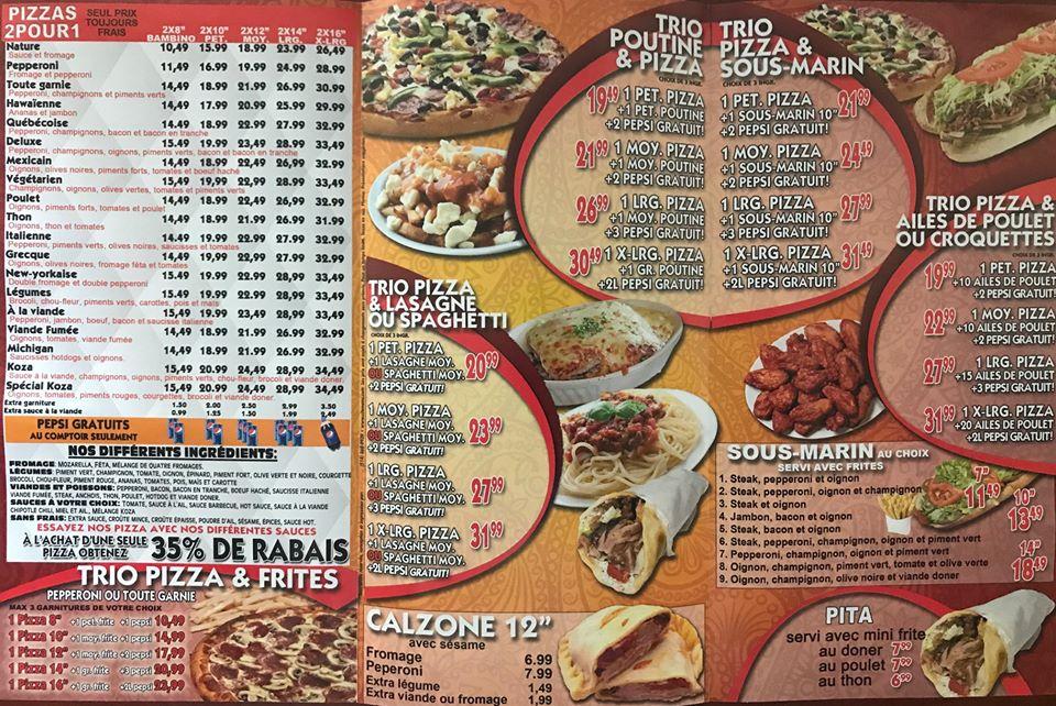 Menu au Koza Pizza restaurant, Blainville