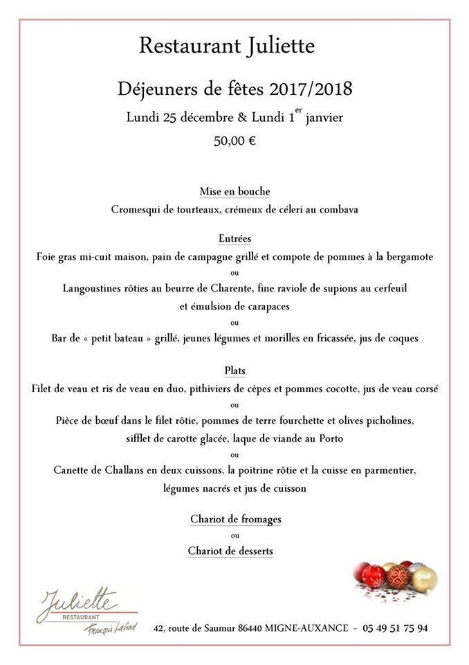 Menu au Restaurant Juliette Migné Auxances Poitiers, MignéAuxances
