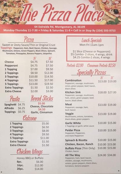 Menu at The Pizza Place pizzeria, Montgomery, 64 Dalraida Rd