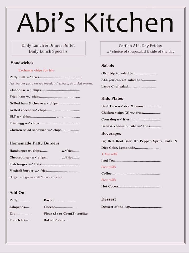 Menu at Abi's Kitchen restaurant, Pecos