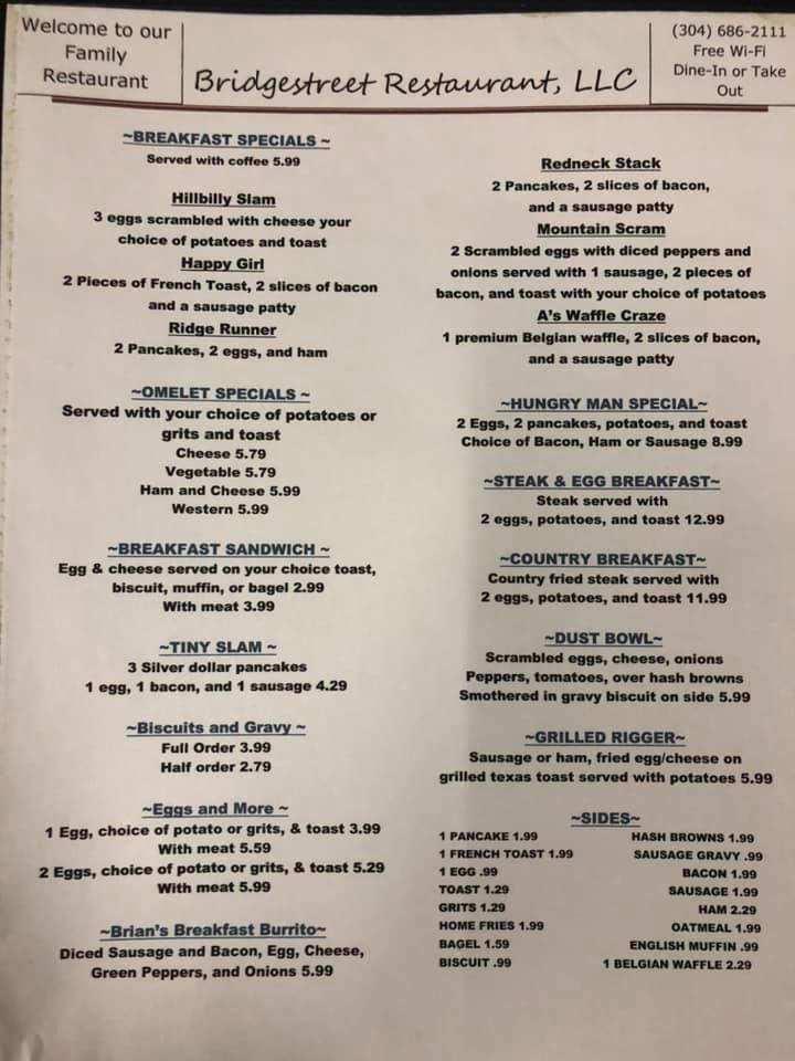 Menu at Bridge Street Restaurant, Cameron