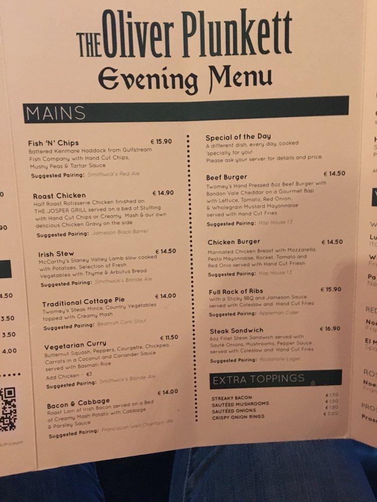 Menu at The Oliver Plunkett pub & bar, Cork