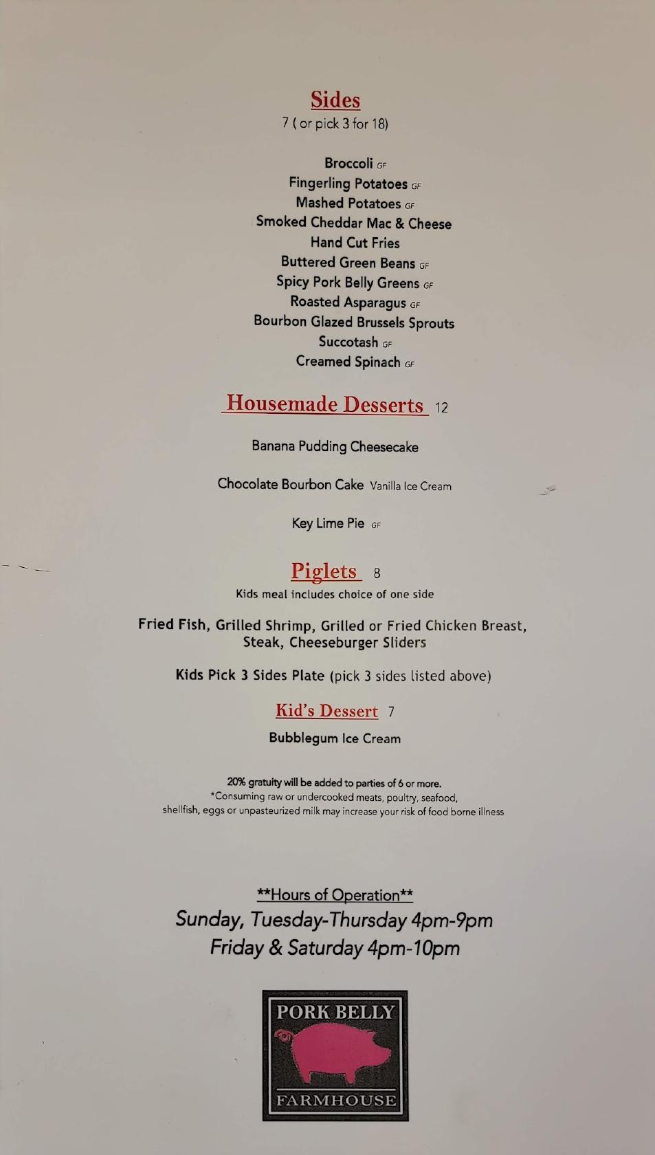 Menu at Pork Belly Farmhouse steakhouse, Nolensville, Nolensville Rd 4