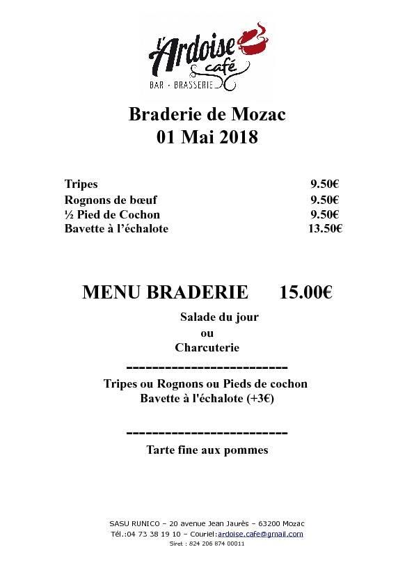 Carta de L'ARDOISE café, Mozac