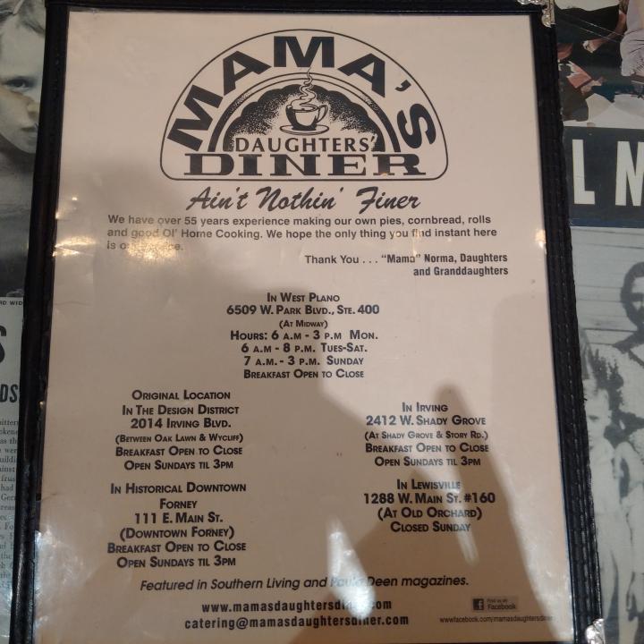 Menu At Mamas Daughters Diner Restaurant Plano