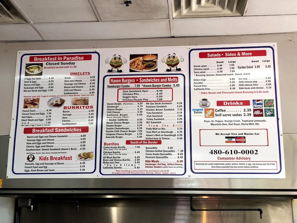 Menu at Haven Burgers restaurant, Mesa