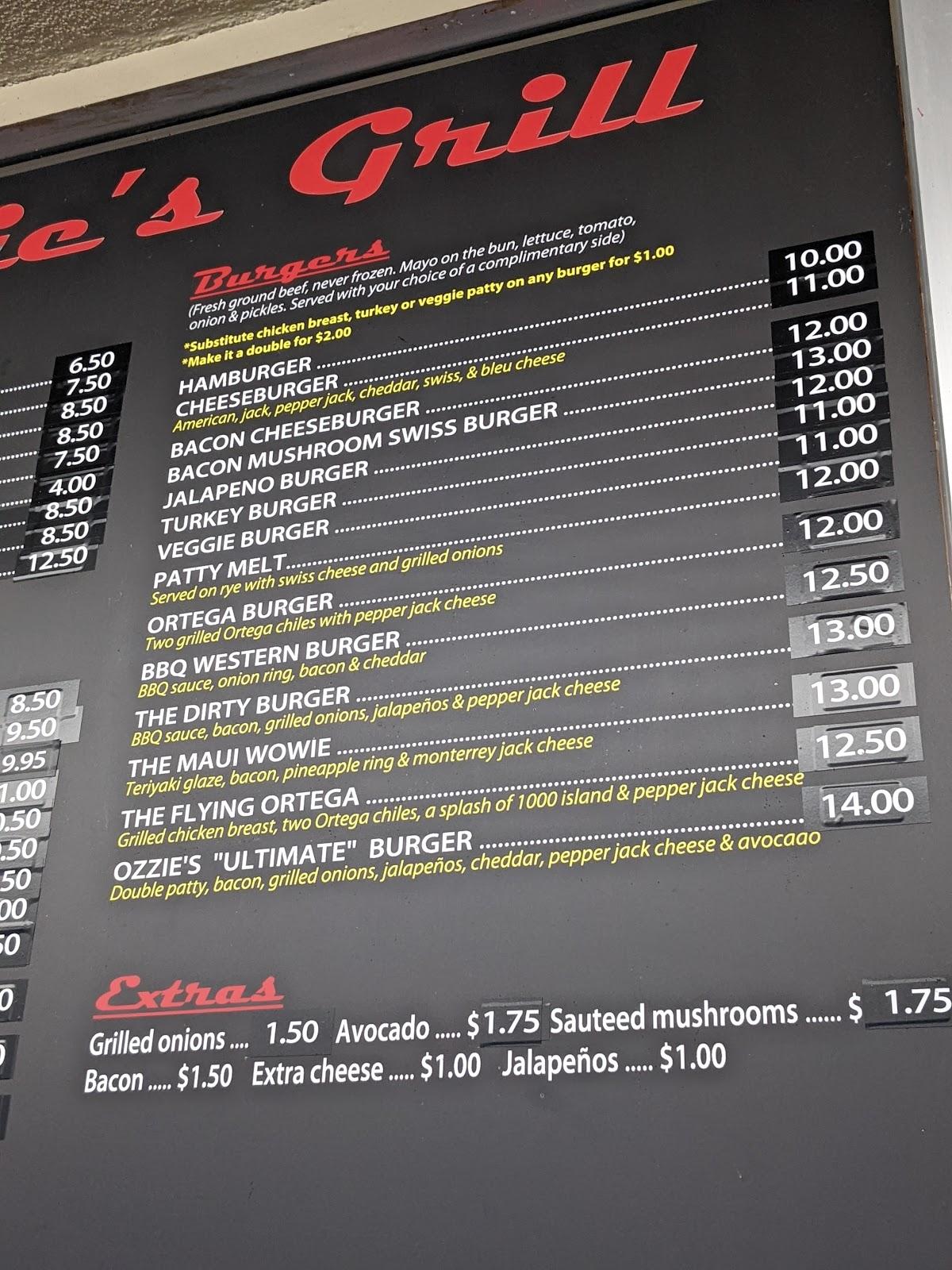 Menu at Ozzie's Grill restaurant, Santa Rosa
