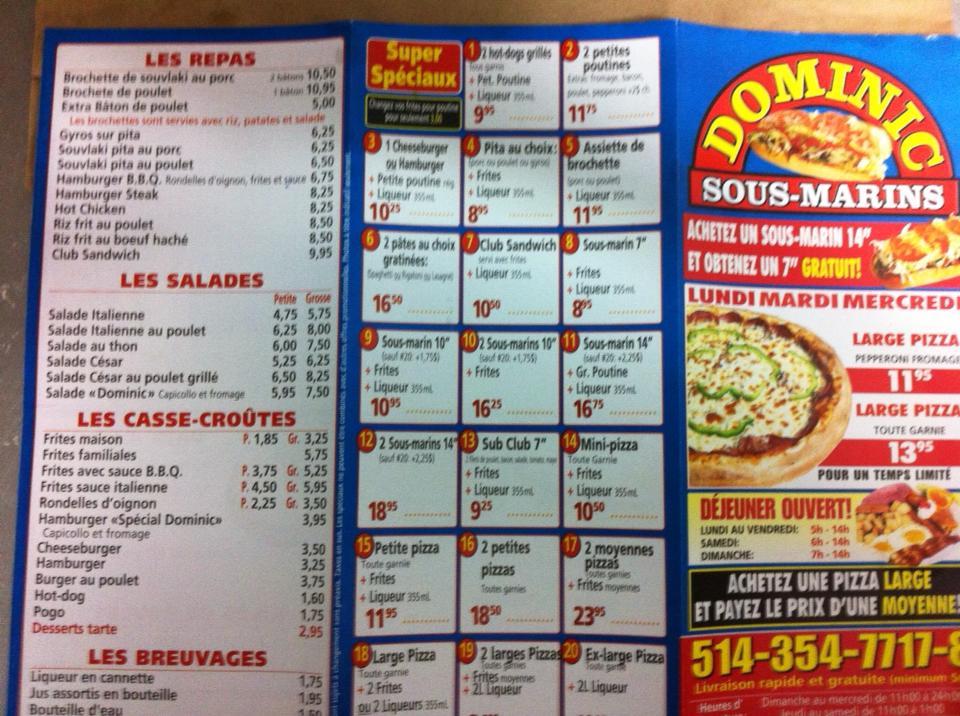 Menu at Dominic Sous-Marins Hochelaga fast food, Montreal