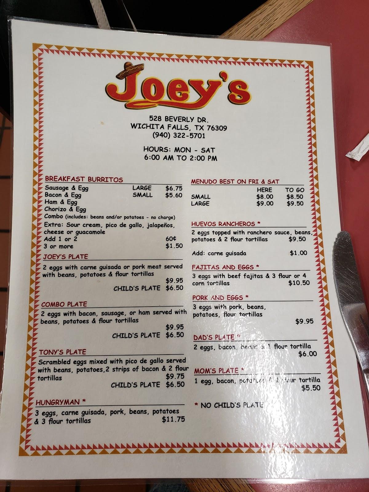 Menu At Joeys Restaurant Wichita Falls 528 Beverly Dr