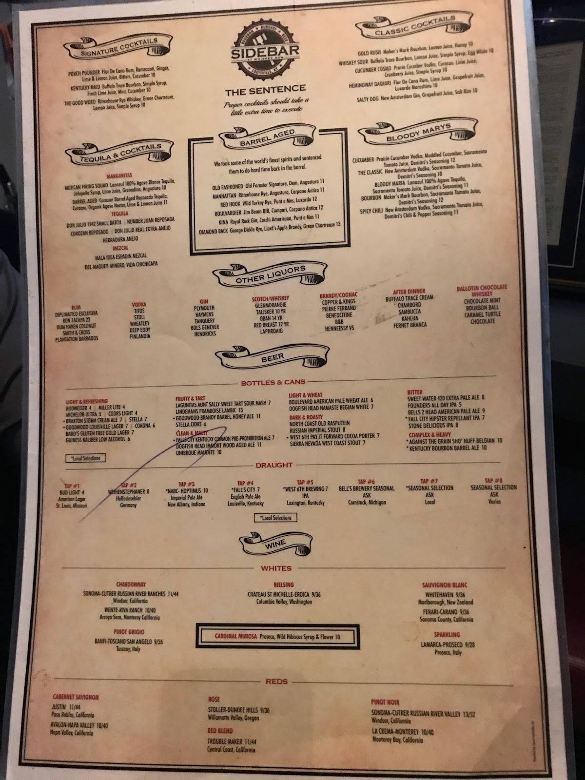Menu at Sidebar At Whiskey Row, Louisville